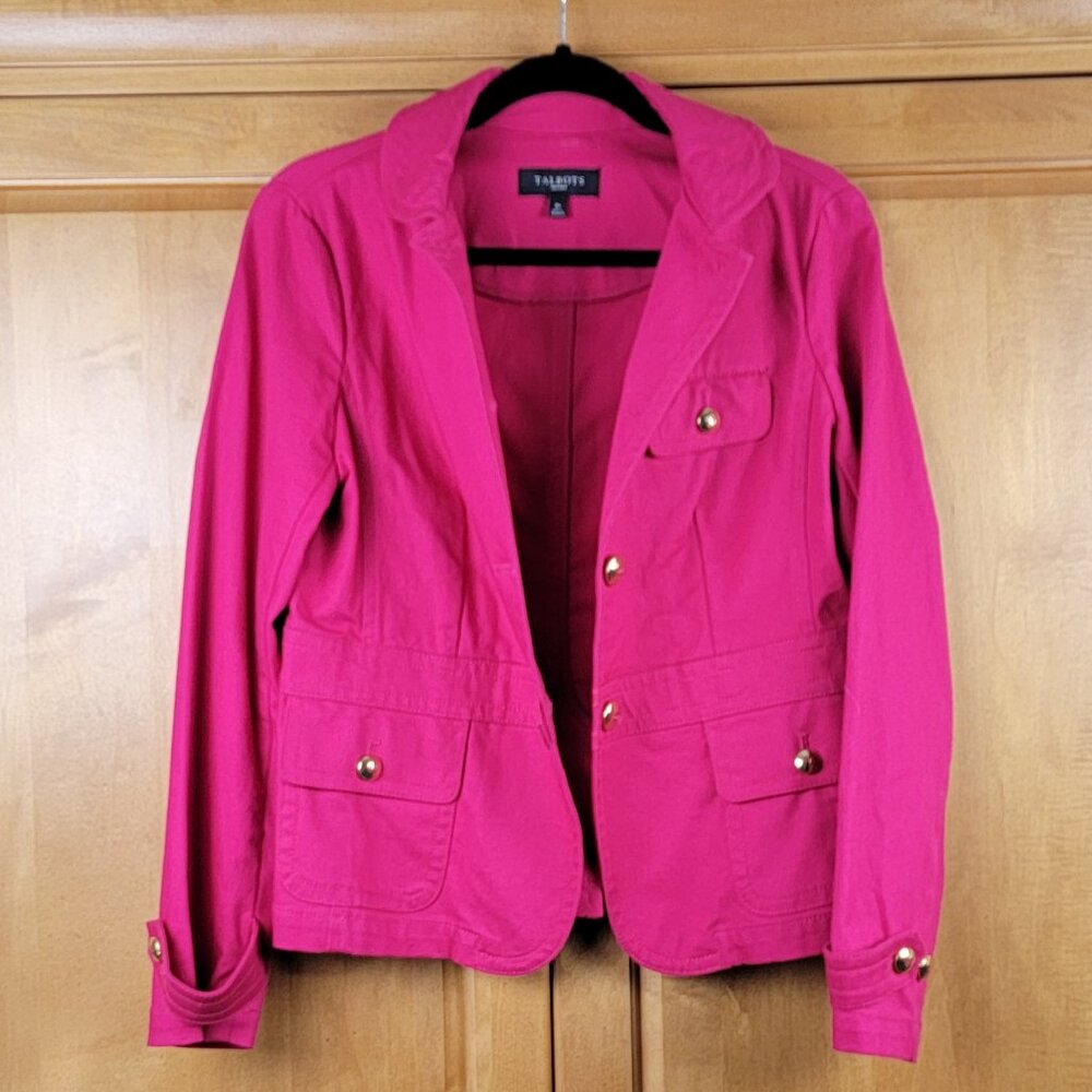 Talbots Stretch Cotton Hot Pink Gold Button Jacket - 8P - Picture 2 of 15